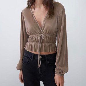 Zara Pleated Ruffle Waist Blouse in Metallic Nude Brown